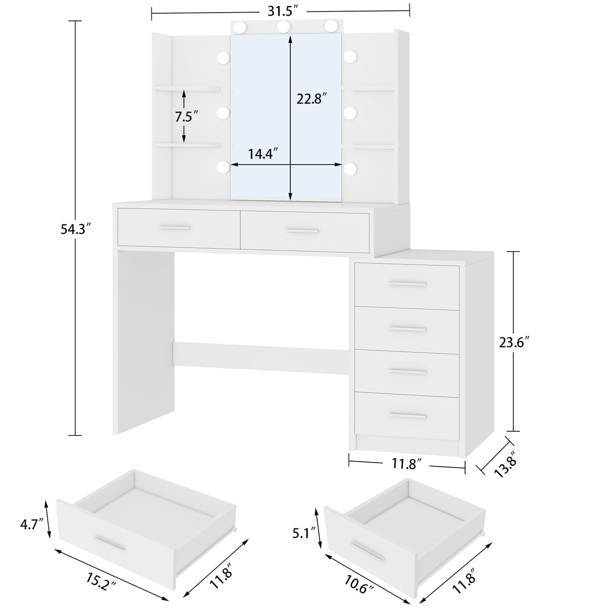 41.3" White Vanity Desk with Mirror and 9 LED Lights T62465