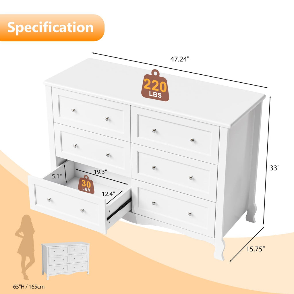 White 6 Drawer Wood Dresser with Curved Legs K2405