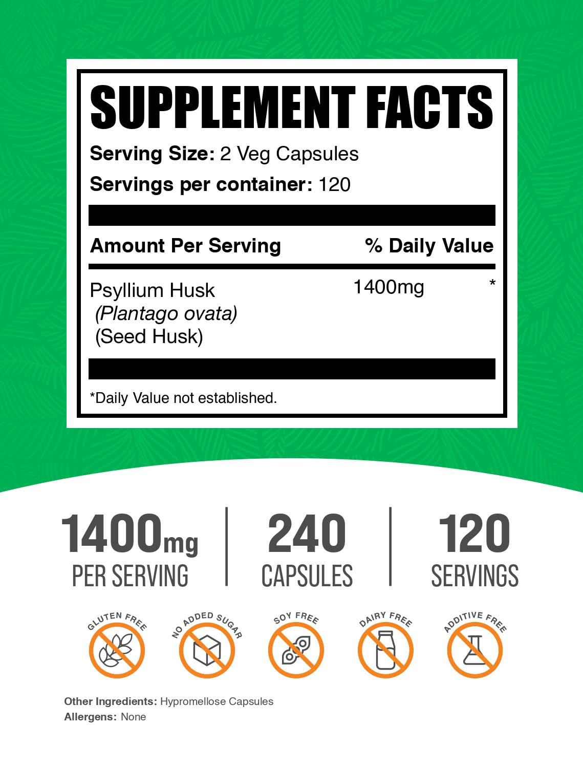 Psyllium Husk Fiber Capsules Vegan Gluten Free 240 Veg Capsules U723