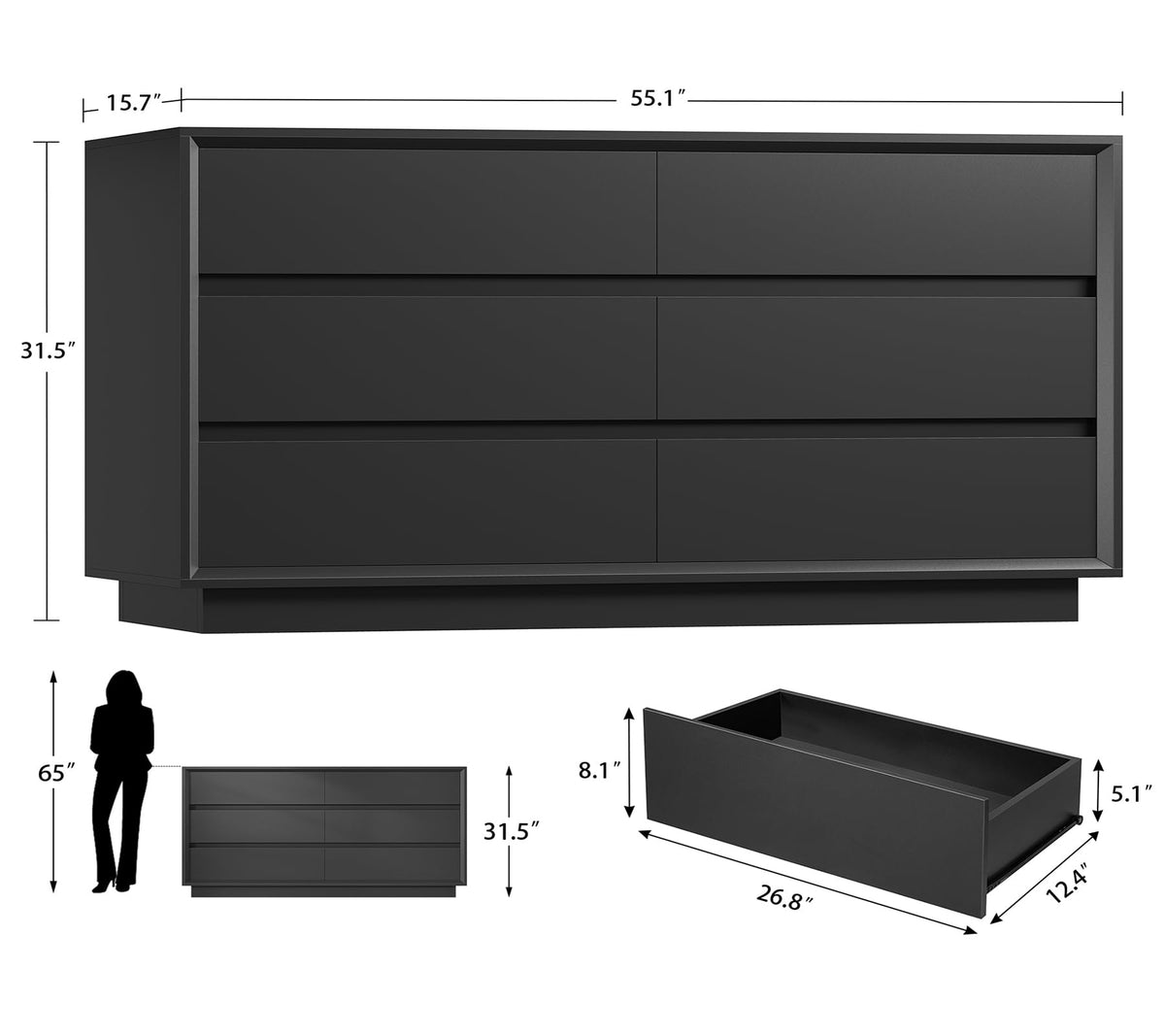 Black 6 Drawer Wood Dresser L77830