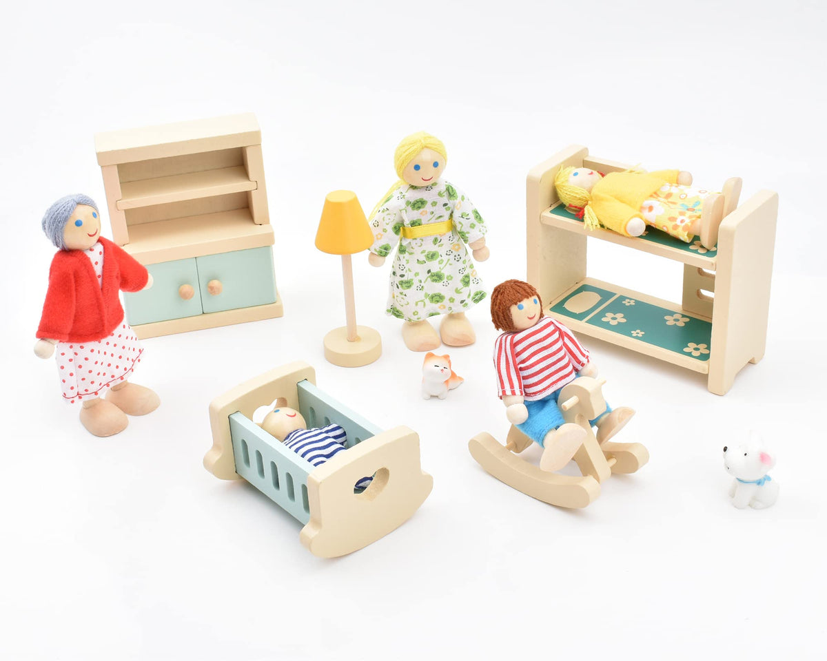 Wooden Dollhouse Dolls Family Set of 8 Miniature Figures and 2 Pets Q125192