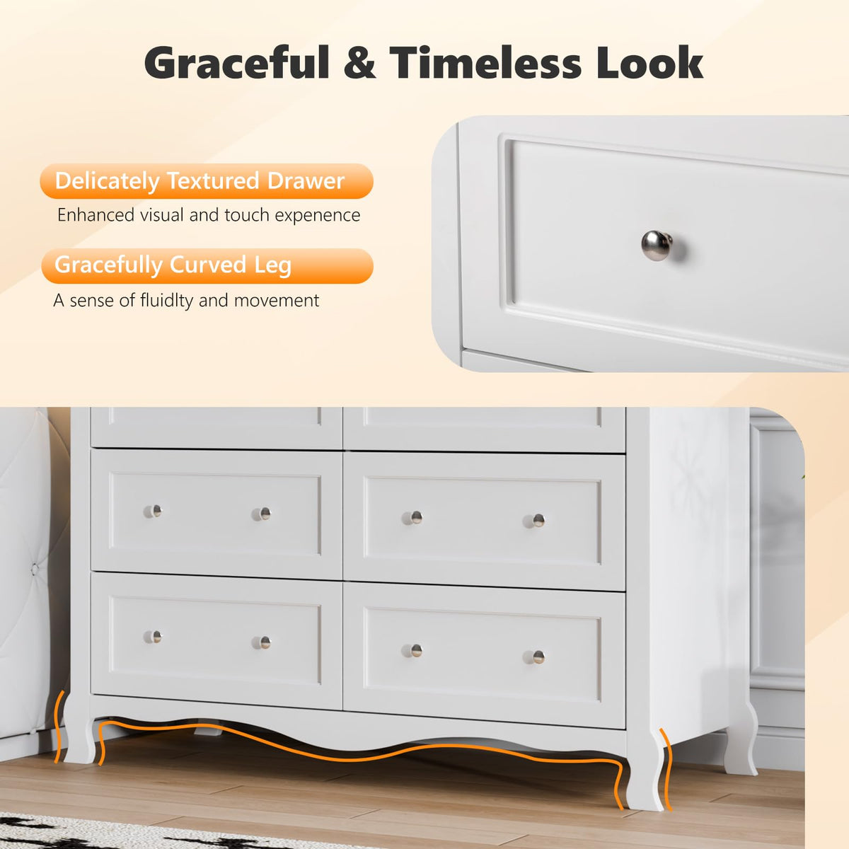 White 6 Drawer Wood Dresser with Curved Legs K2405