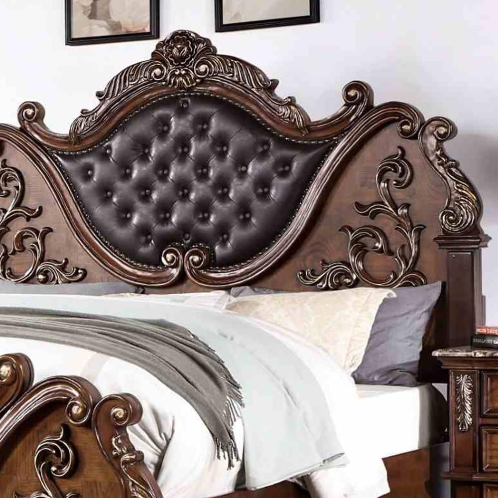 Brown Cherry California King Size Tufted Leatherette Bed T982132