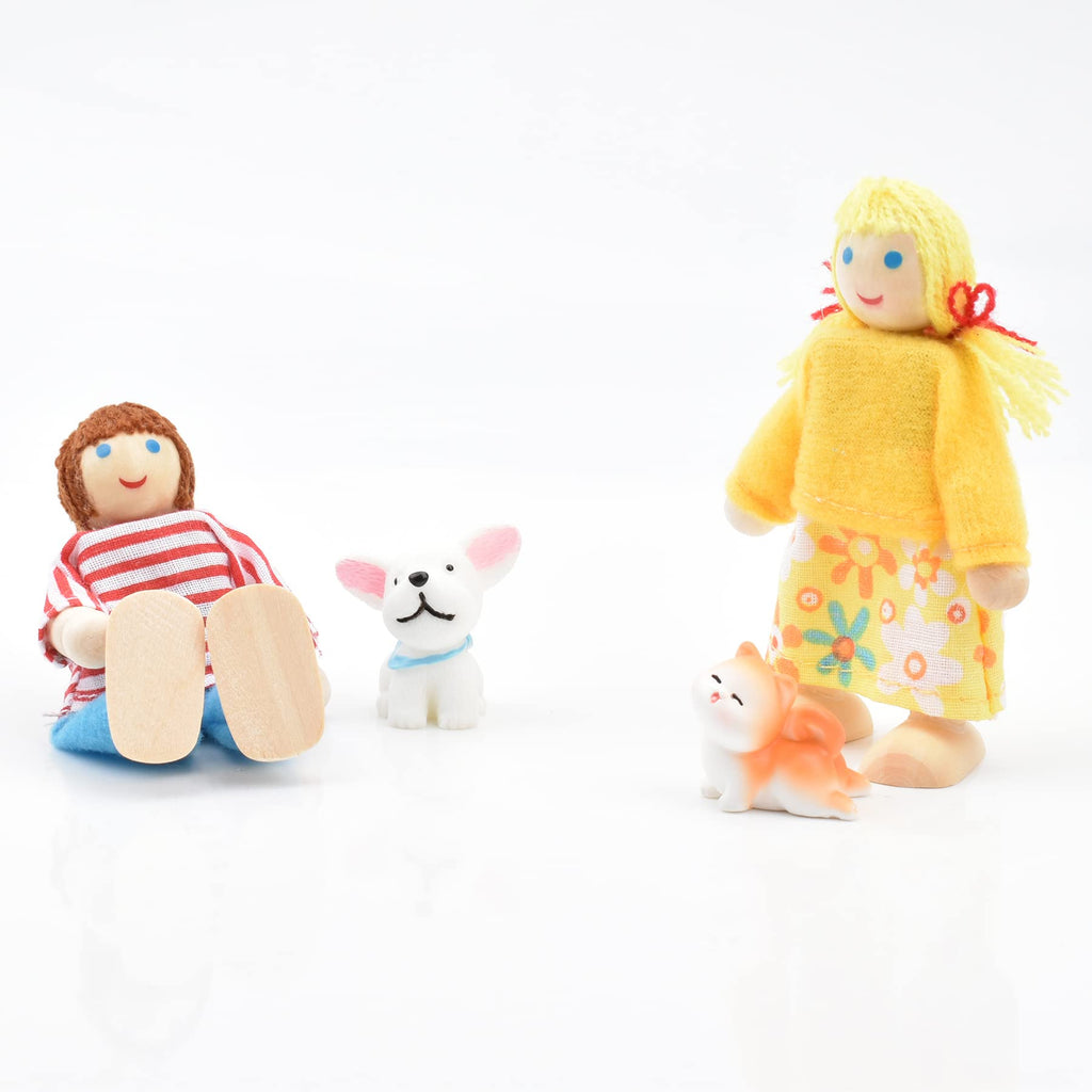 Wooden Dollhouse Dolls Family Set of 8 Miniature Figures and 2 Pets Q125192