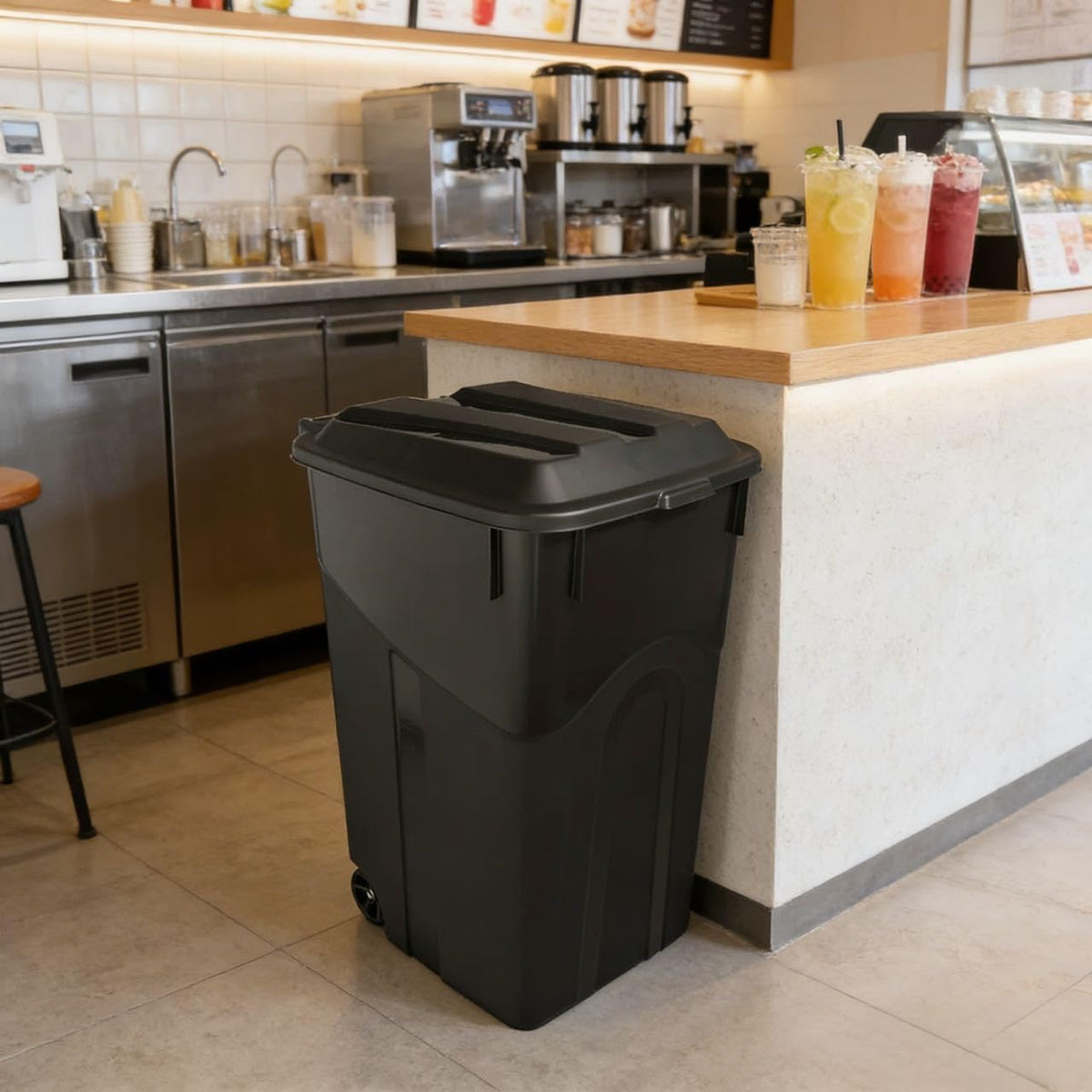 45 Gallon Black Wheeled Garbage Can with Attached Lid M80023