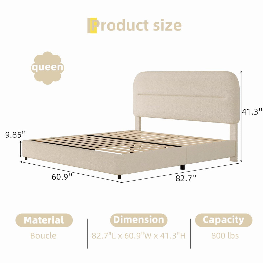 Cream Boucle Upholstered Queen Platform Bed T968