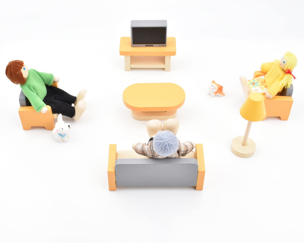 Wooden Dollhouse Dolls Family Set of 8 Miniature Figures and 2 Pets Q125192