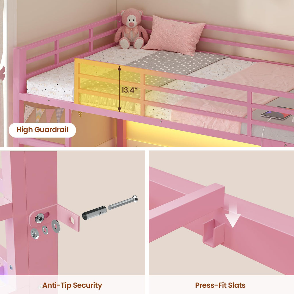 Pink Twin Over Twin Bunk Bed with Bookshelf & Storage Drawer R8645