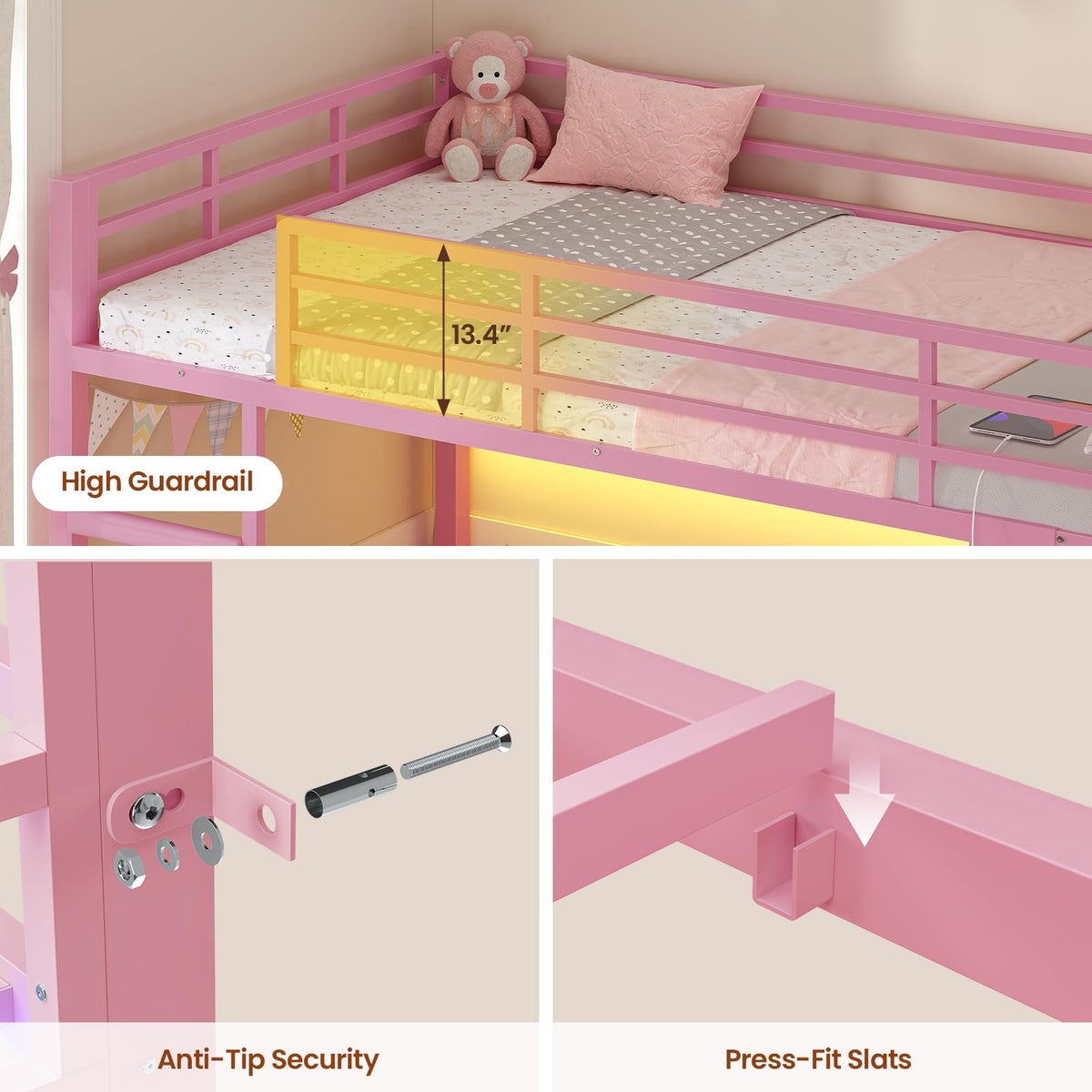 Pink Twin Over Twin Bunk Bed with Bookshelf & Storage Drawer R8645