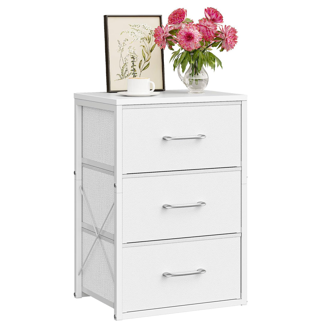 White 3 Drawer Fabric Storage Dresser with Wooden Top O21679