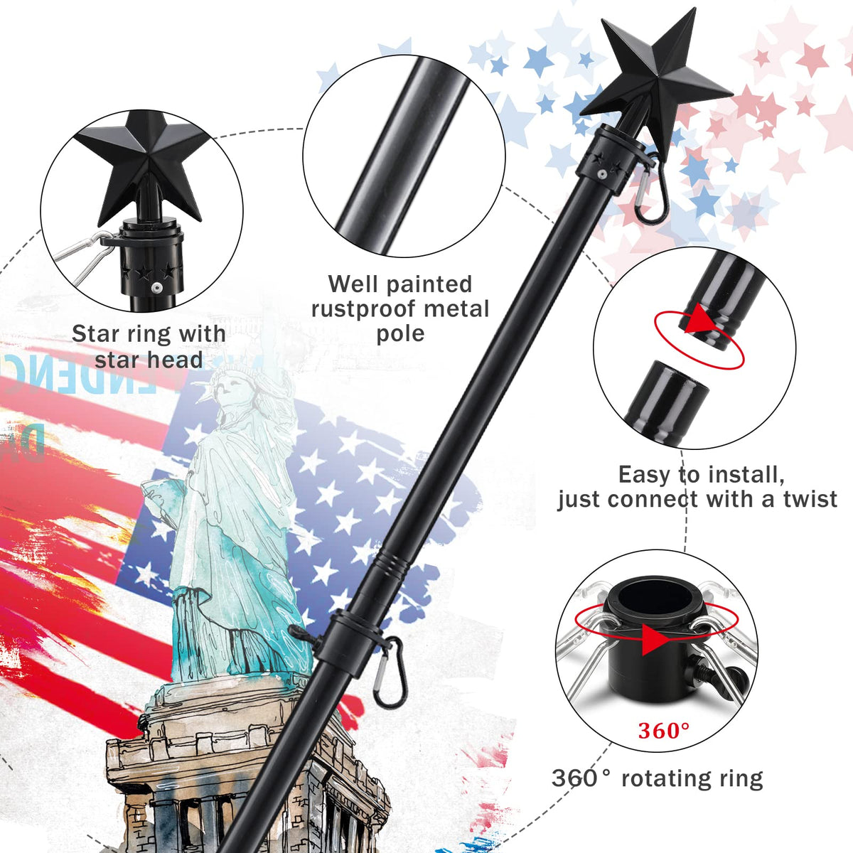 6ft Tangle Free Flag Pole Kit with Bracket, Black Metal Flagpole G101