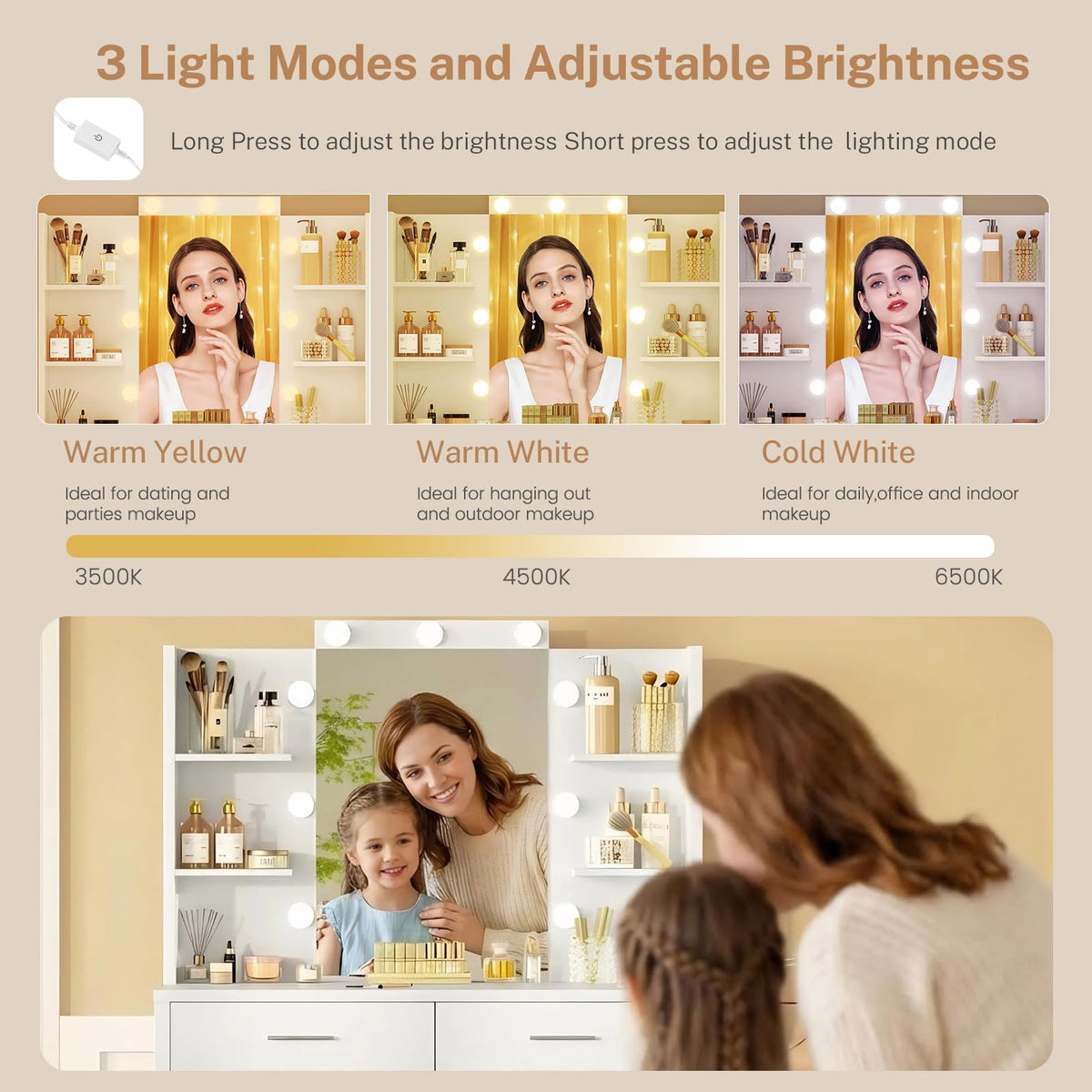 41.3" White Vanity Desk with Mirror and 9 LED Lights T62465