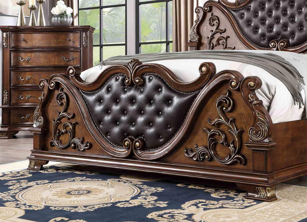 Brown Cherry California King Size Tufted Leatherette Bed T982132