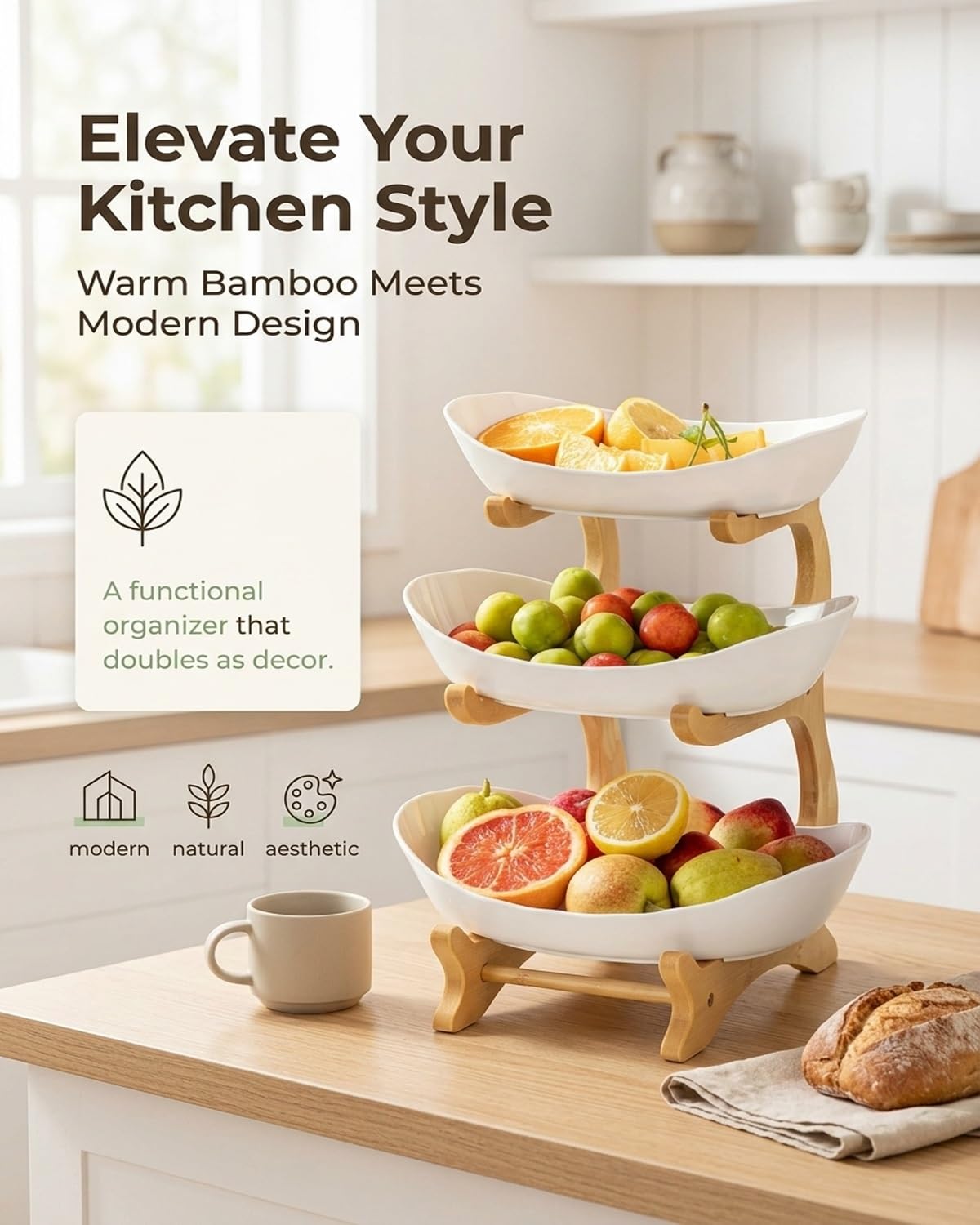 3 Tier Oval Fruit Basket with Bamboo Stand C53347