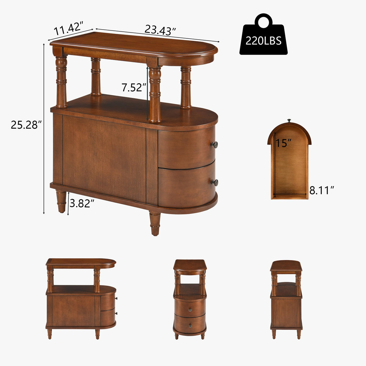 Narrow Solid Cherry Wood Side Table with Drawers T438903