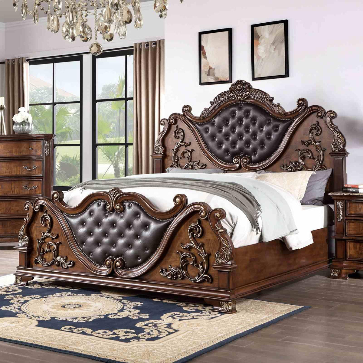 Brown Cherry California King Size Tufted Leatherette Bed T982132