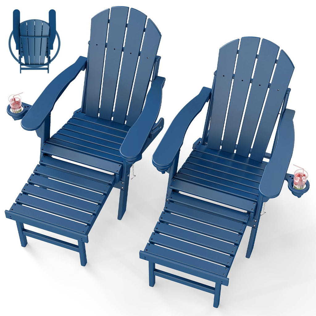 Set of 2 Blue Folding HDPE Plastic Adirondack Chairs with Pull-Out Footrest K125854