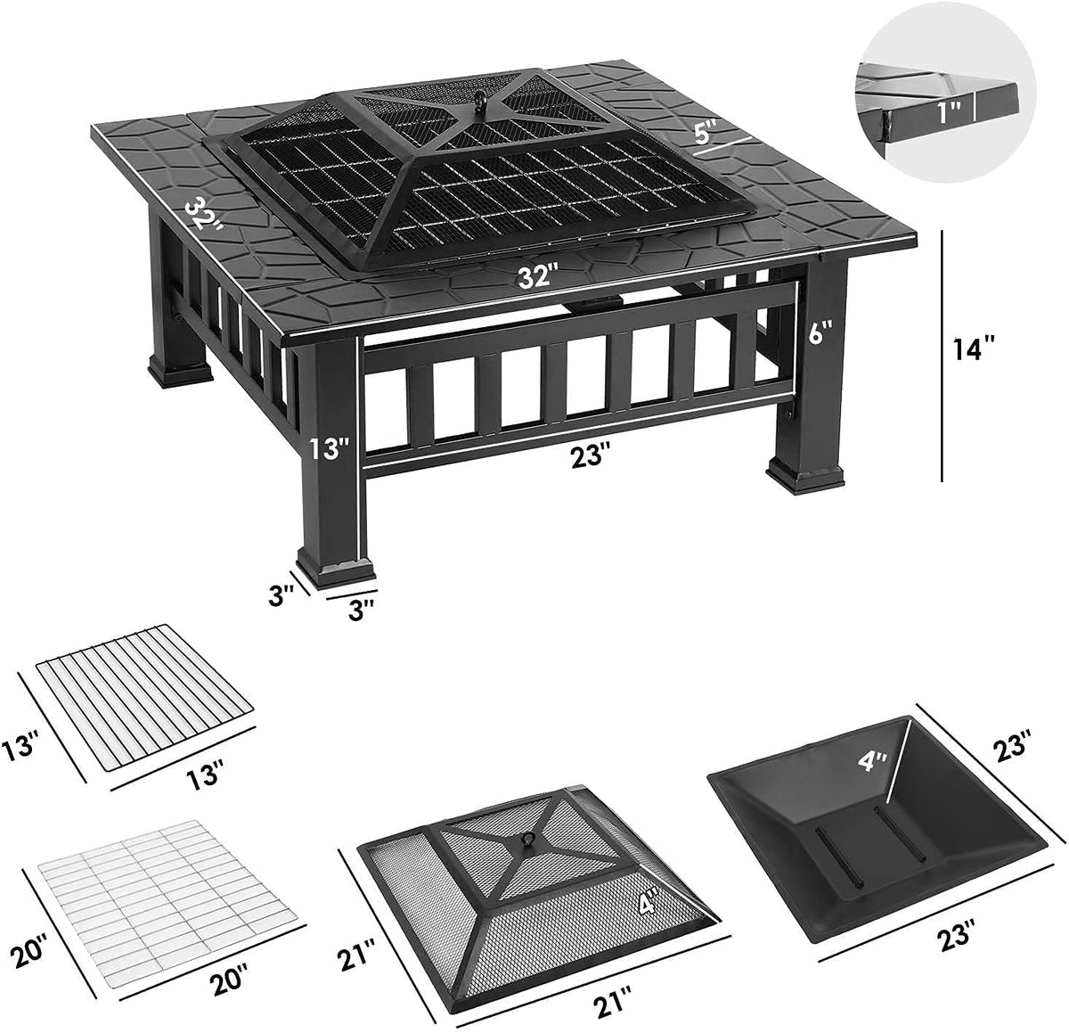 32'' Wood Burning Square Fire Pit with Grill Grate P504236