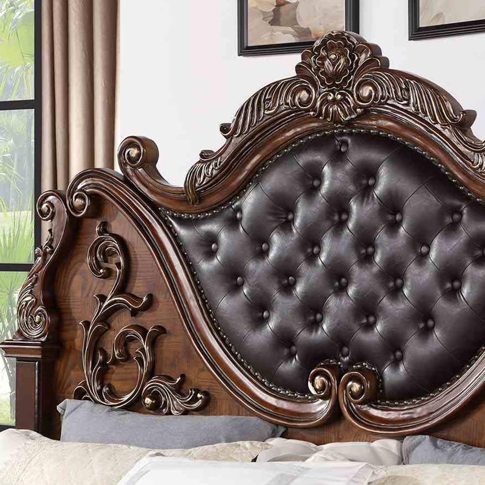 Brown Cherry California King Size Tufted Leatherette Bed T982132