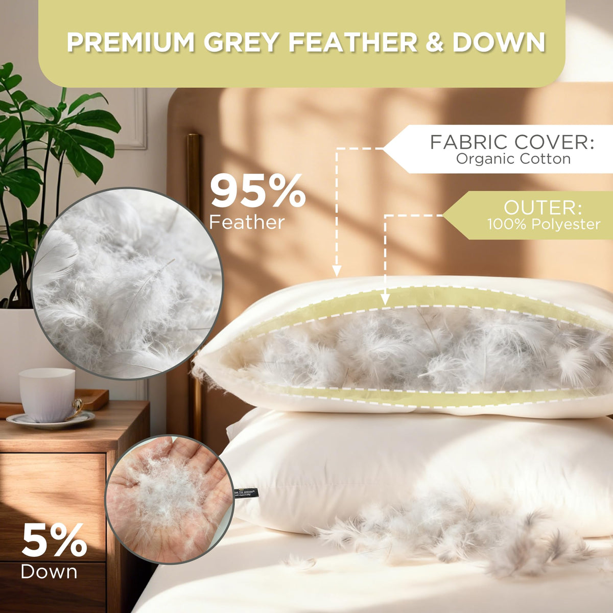 Feather and Down Pillows, 100% Organic Cotton Cover F7397
