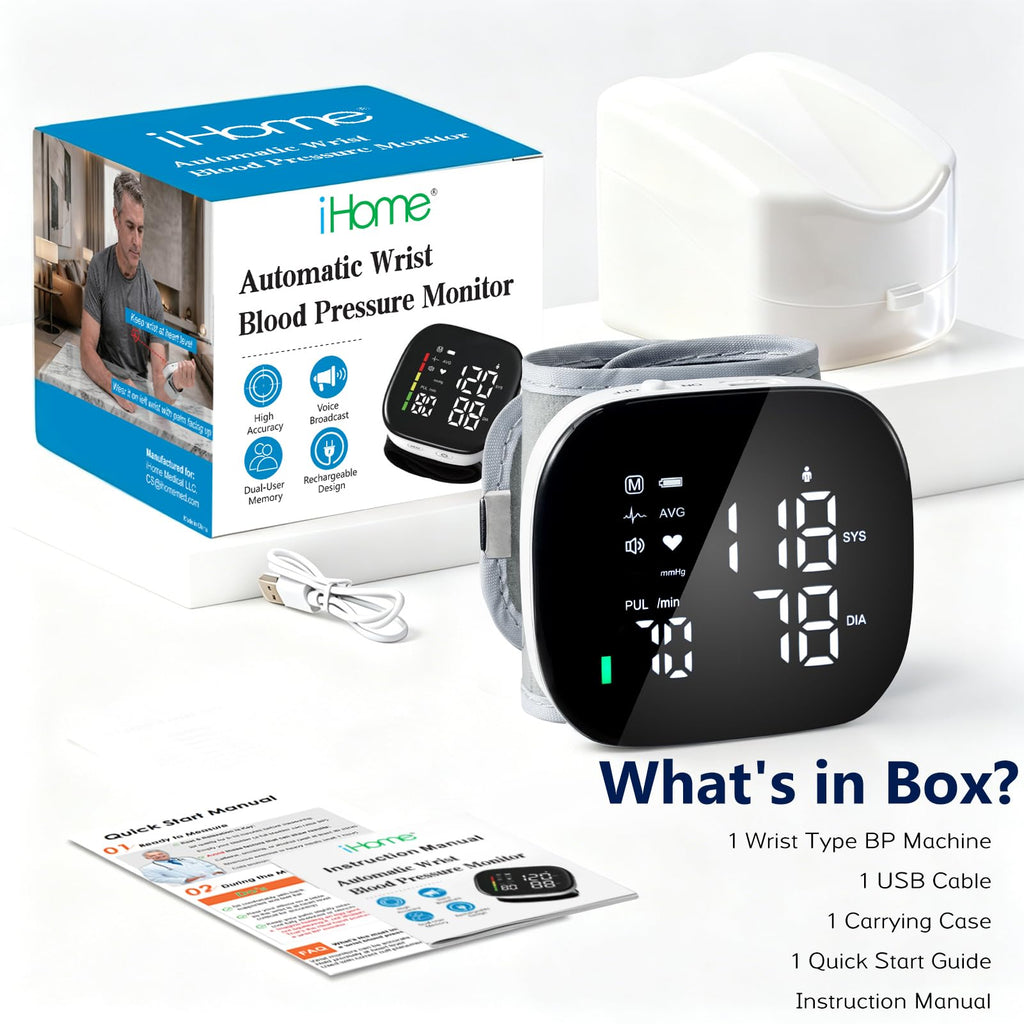 Wrist Blood Pressure Monitor Rechargeable Digital Voice Broadcast LED Backlit 199 Memory Storage for 2 Users with Carrying Case Z168