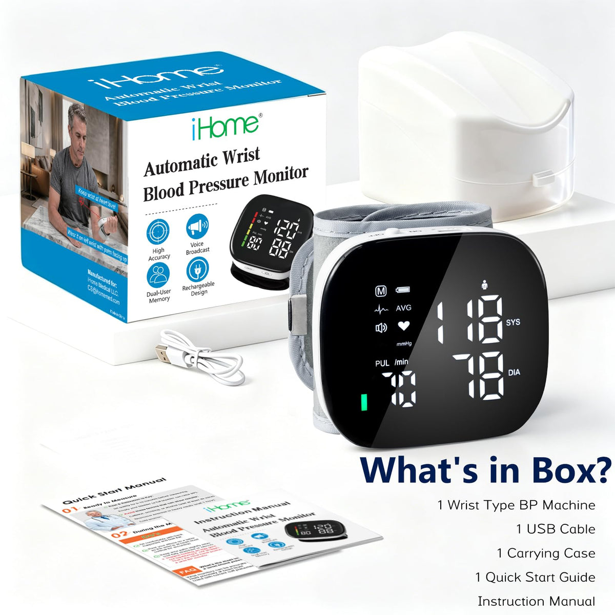 Wrist Blood Pressure Monitor Rechargeable Digital Voice Broadcast LED Backlit 199 Memory Storage for 2 Users with Carrying Case Z168
