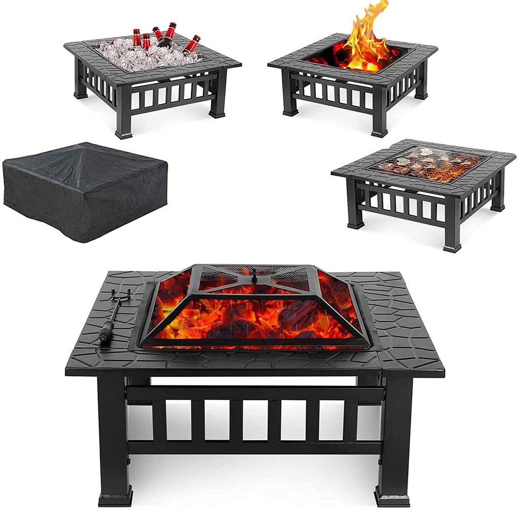 32'' Wood Burning Square Fire Pit with Grill Grate P504236