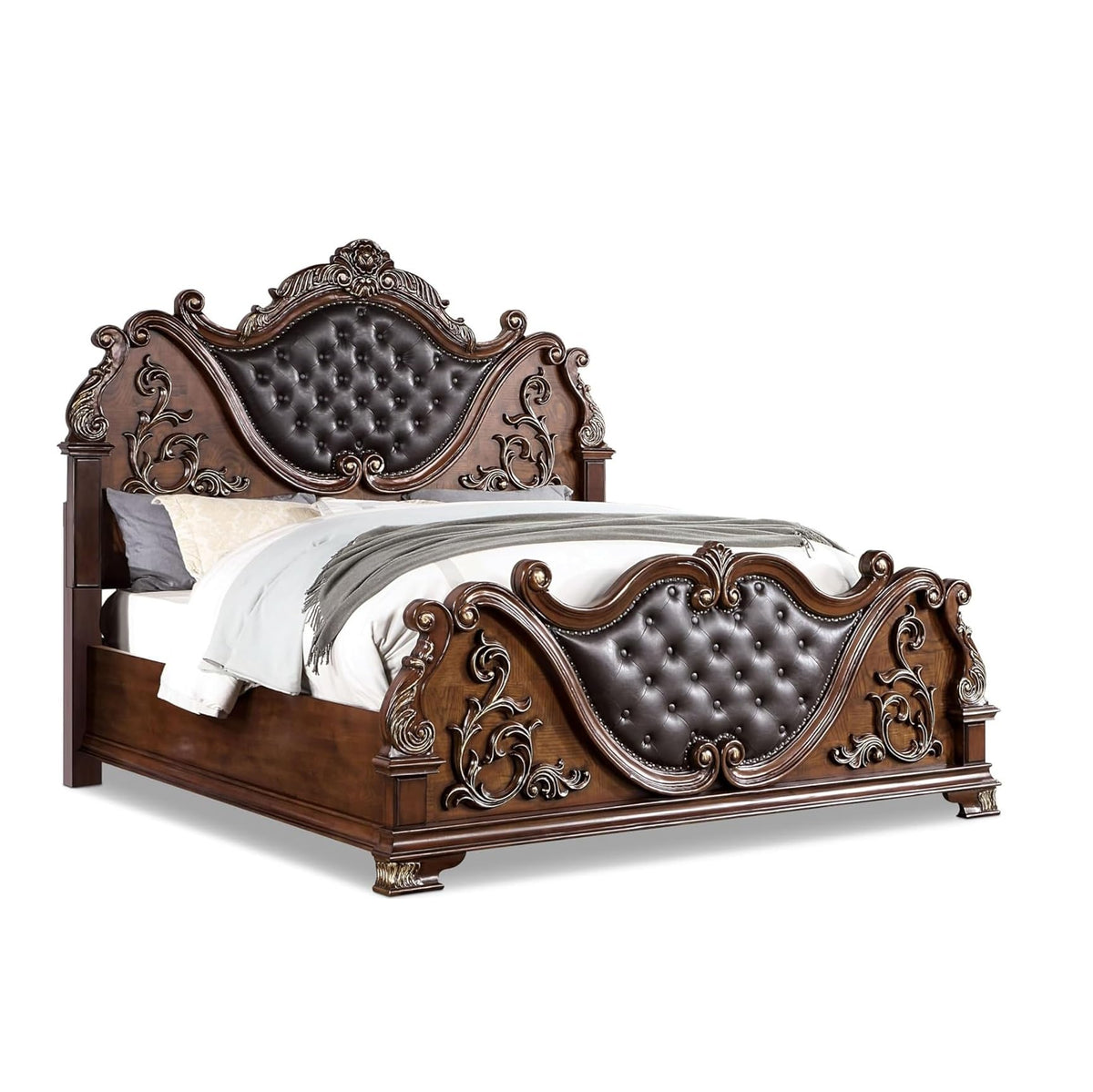 Brown Cherry California King Size Tufted Leatherette Bed T982132