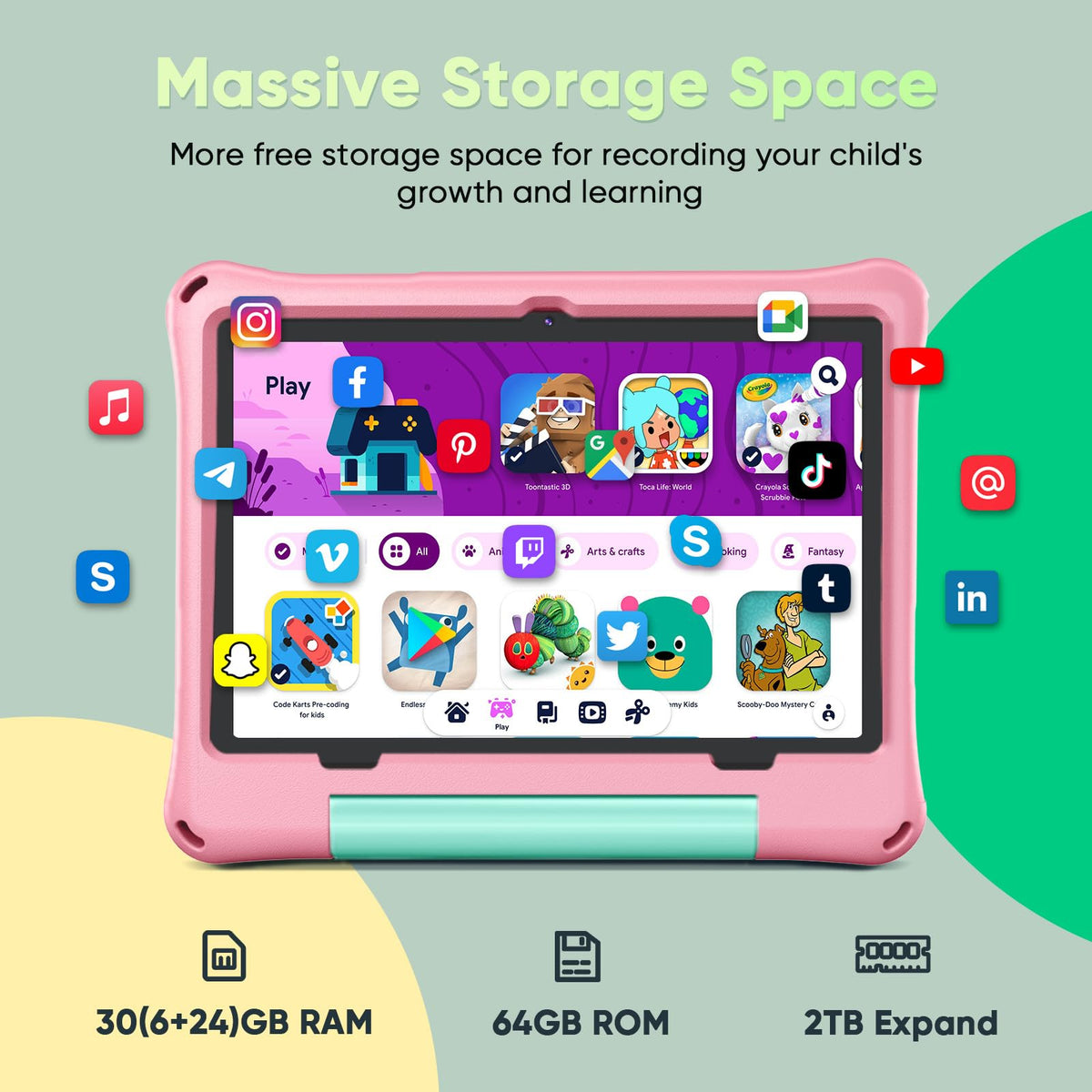 Kids Tablet 10 inch Octa-Core 30GB RAM 64GB ROM with Case Keyboard Mouse Stylus Pink S693