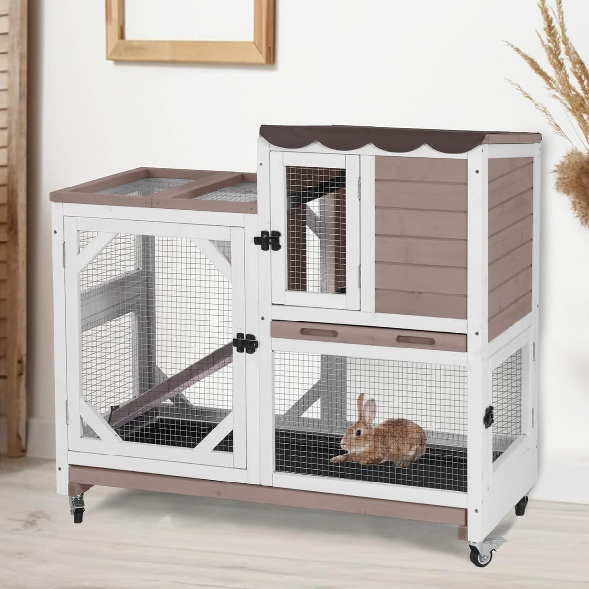 2 Story Wood Rabbit Hutch with Wheels G990154