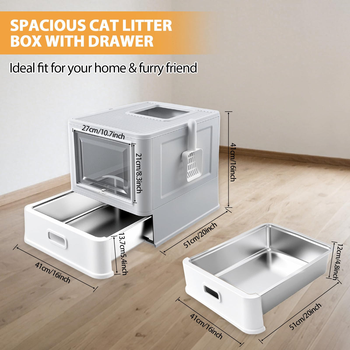 XL Stainless Steel Cat Litter Box with Drawer I75208