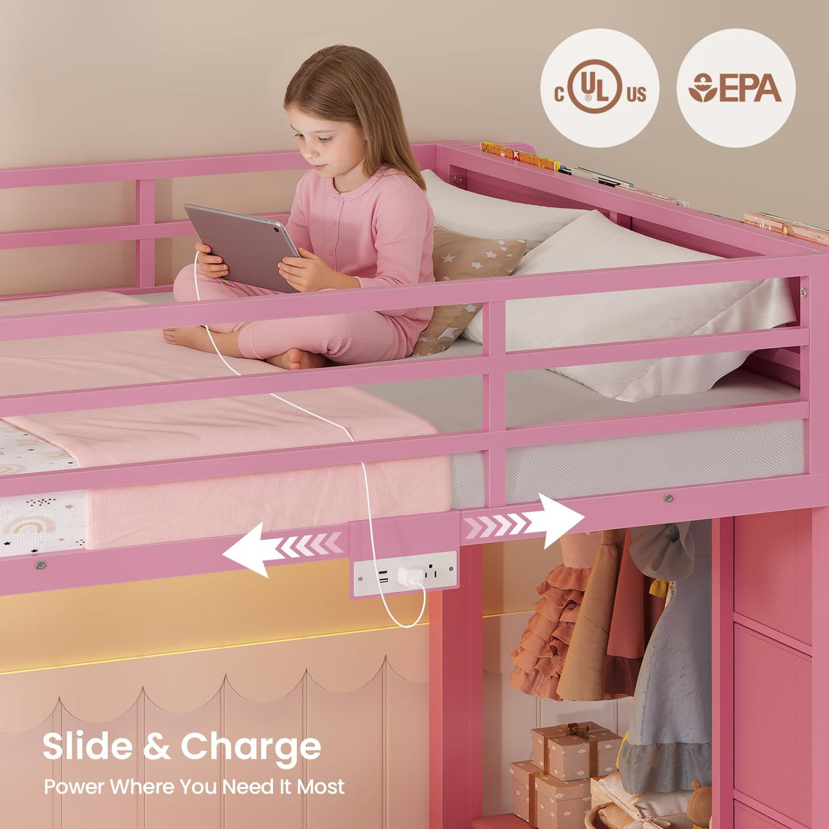 Pink Twin Over Twin Bunk Bed with Bookshelf & Storage Drawer R8645