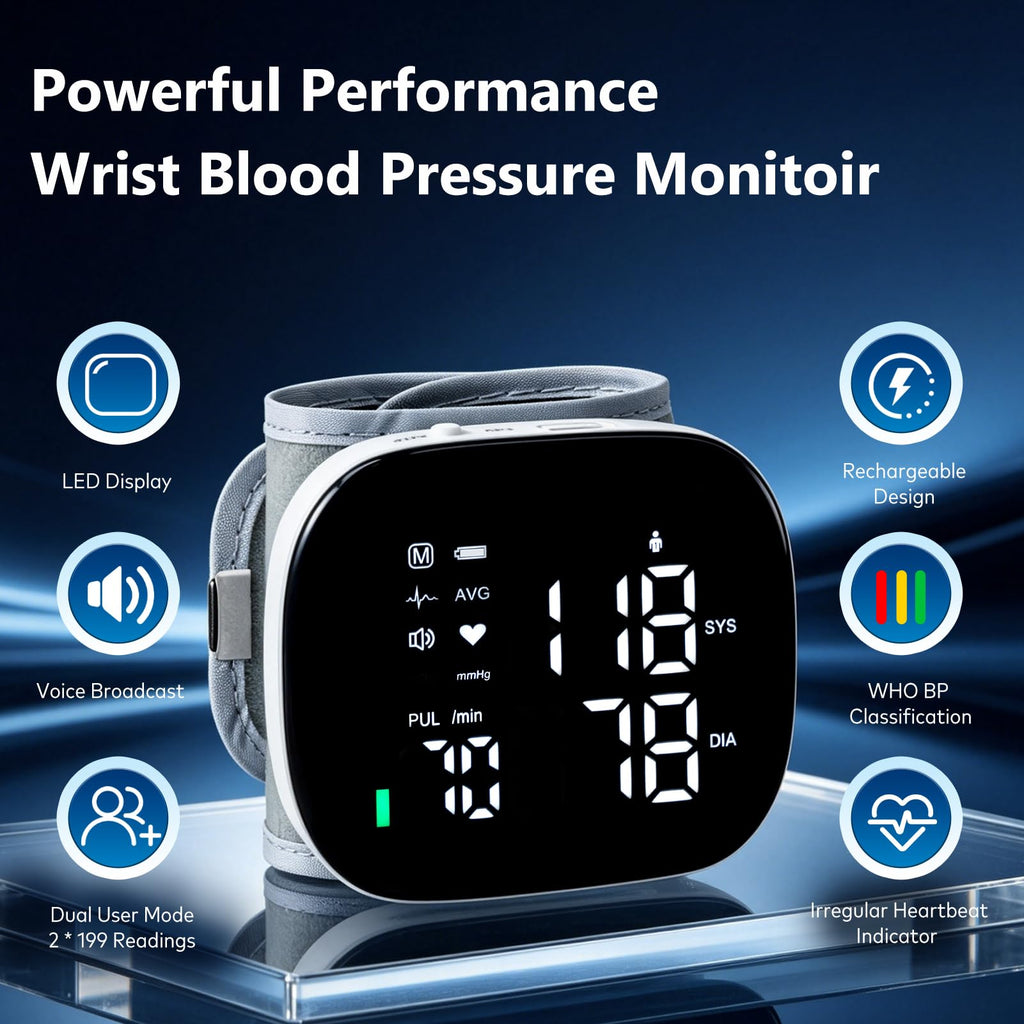 Wrist Blood Pressure Monitor Rechargeable Digital Voice Broadcast LED Backlit 199 Memory Storage for 2 Users with Carrying Case Z168
