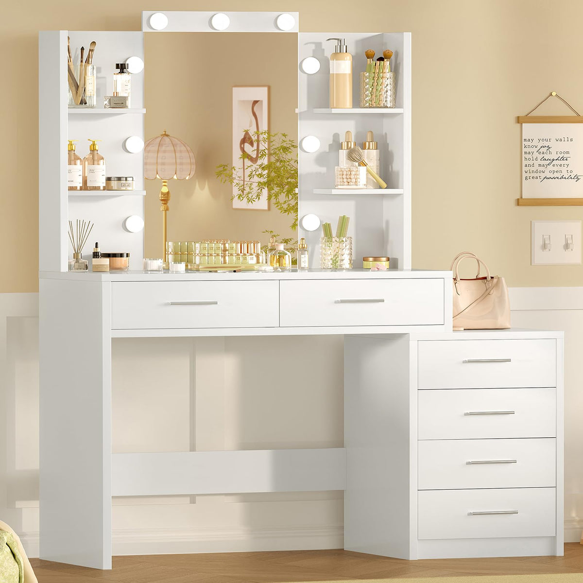 41.3" White Vanity Desk with Mirror and 9 LED Lights T62465