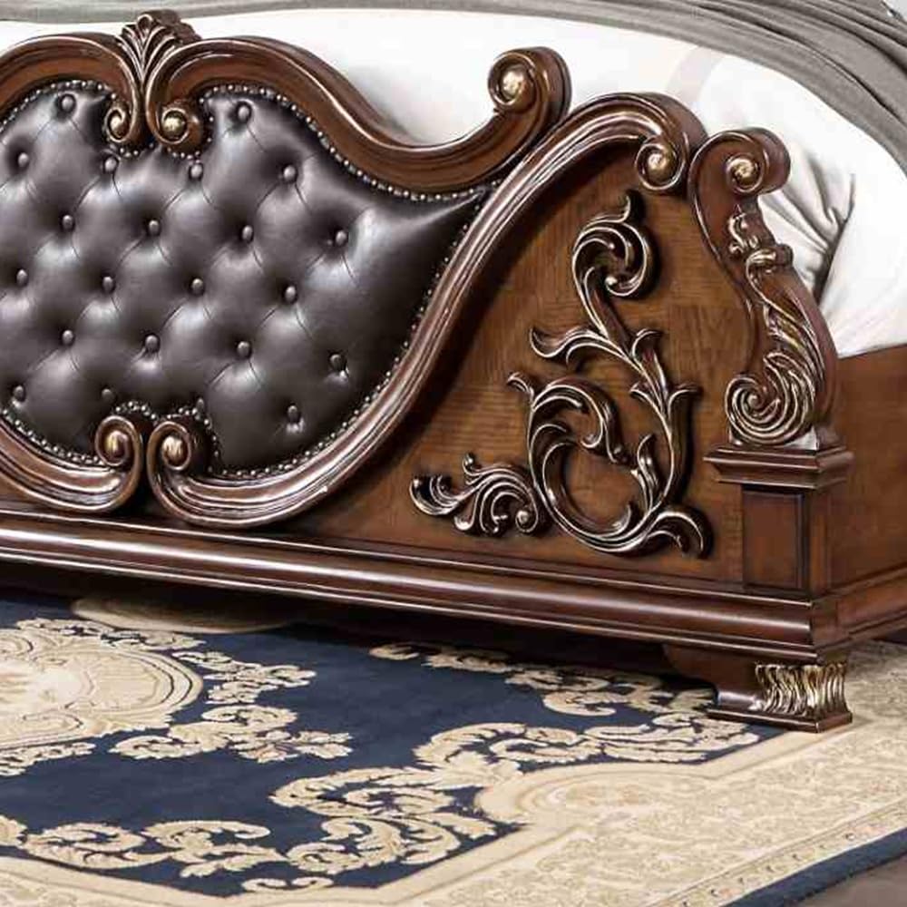 Brown Cherry California King Size Tufted Leatherette Bed T982132