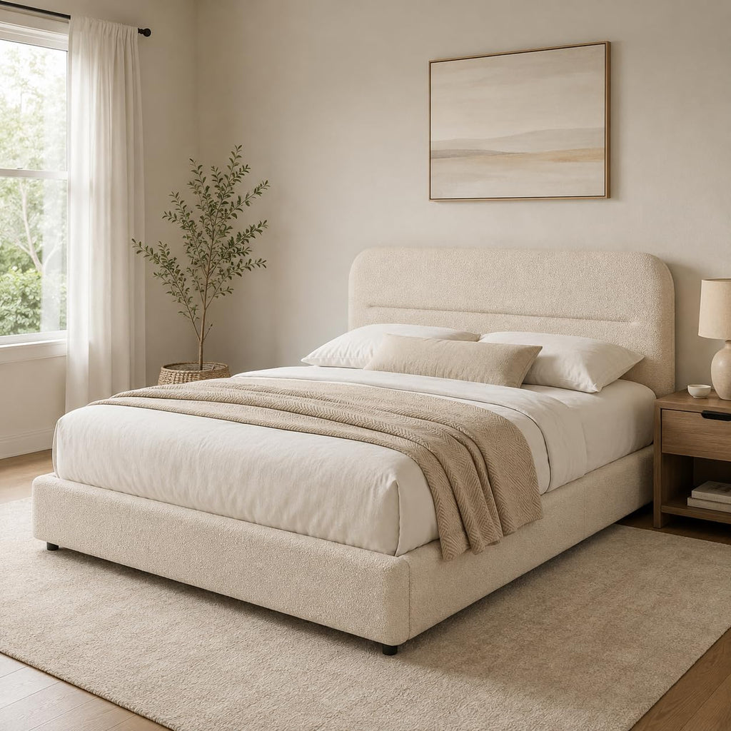 Cream Boucle Upholstered Queen Platform Bed T968