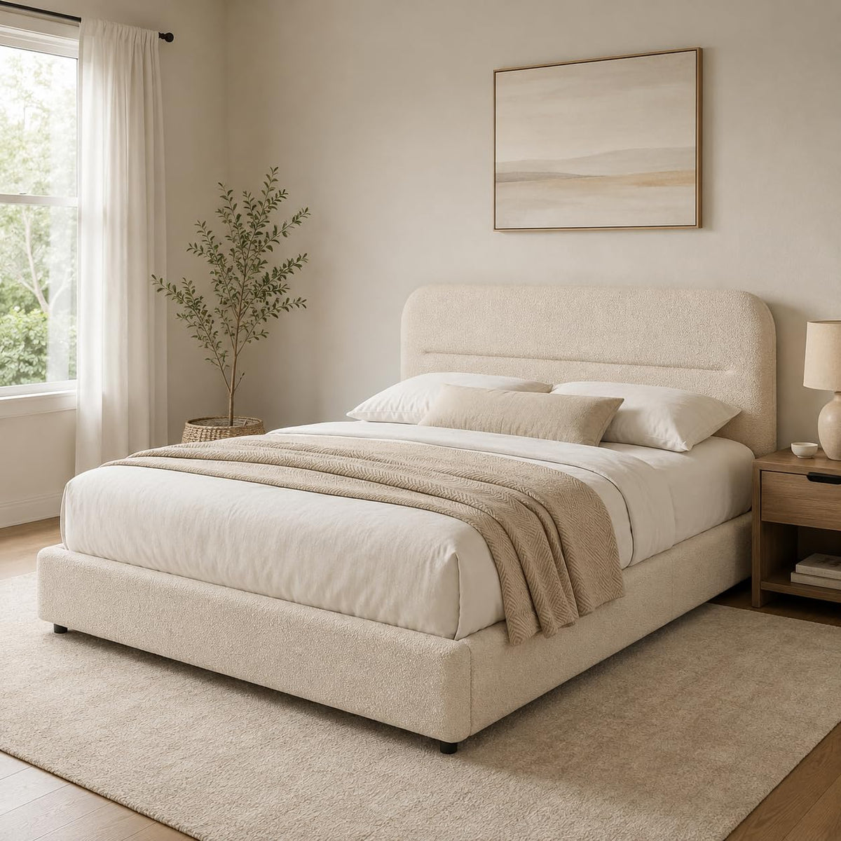 Cream Boucle Upholstered Queen Platform Bed T968
