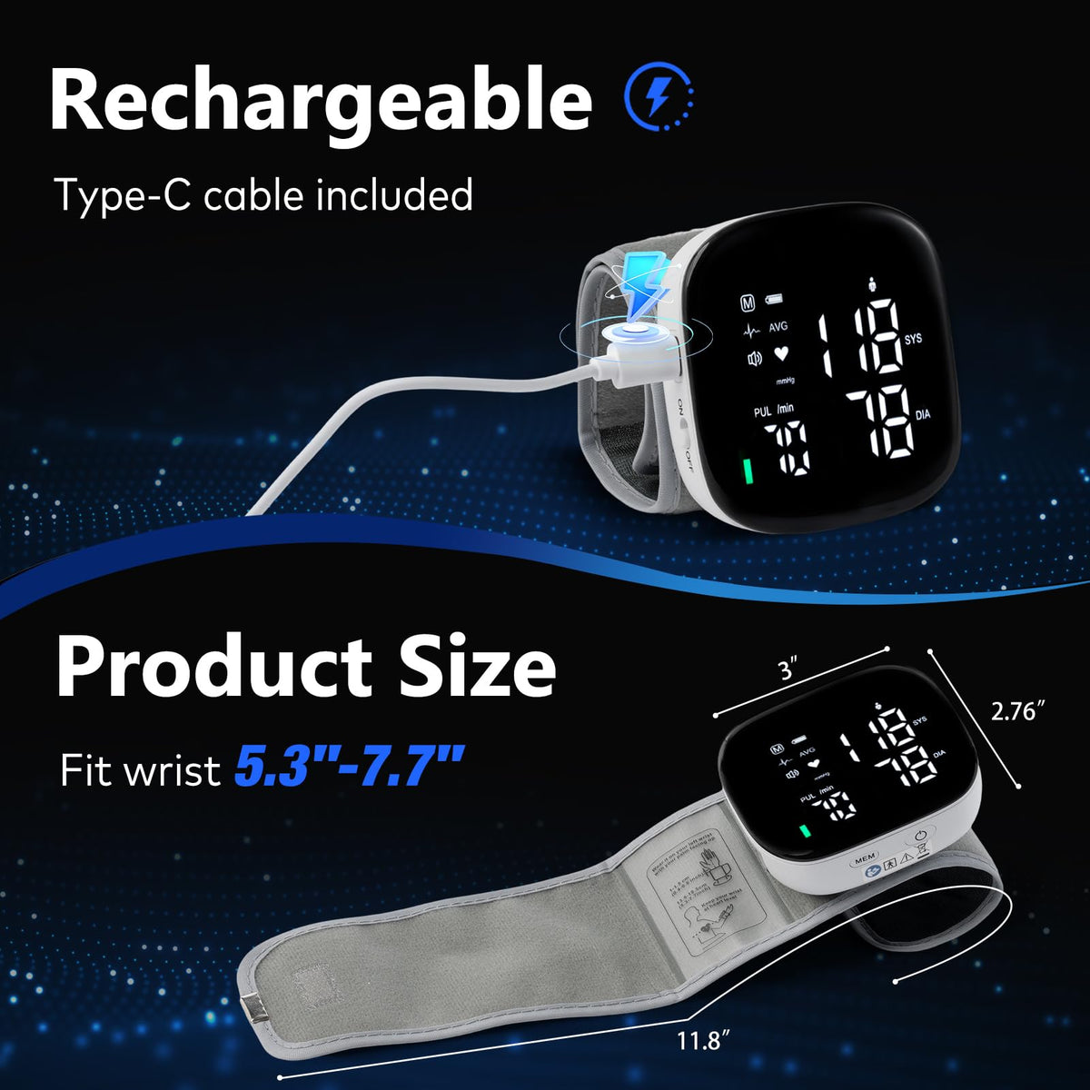 Wrist Blood Pressure Monitor Rechargeable Digital Voice Broadcast LED Backlit 199 Memory Storage for 2 Users with Carrying Case Z168