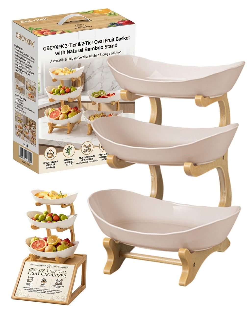 3 Tier Oval Fruit Basket with Bamboo Stand C53347