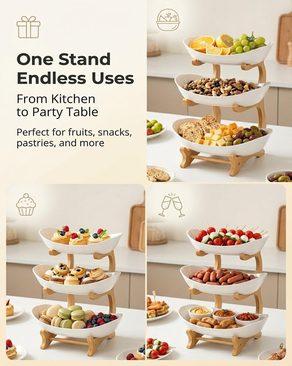 3 Tier Oval Fruit Basket with Bamboo Stand C53347