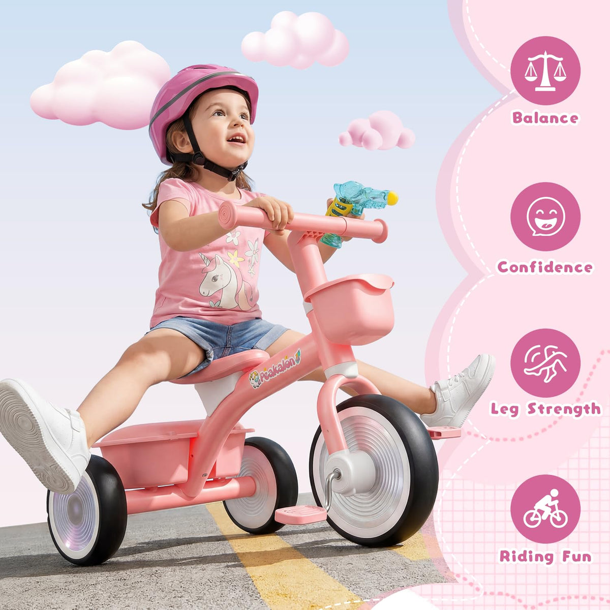 Pink Toddler Tricycle with Adjustable Seat and 2 Basket C97016