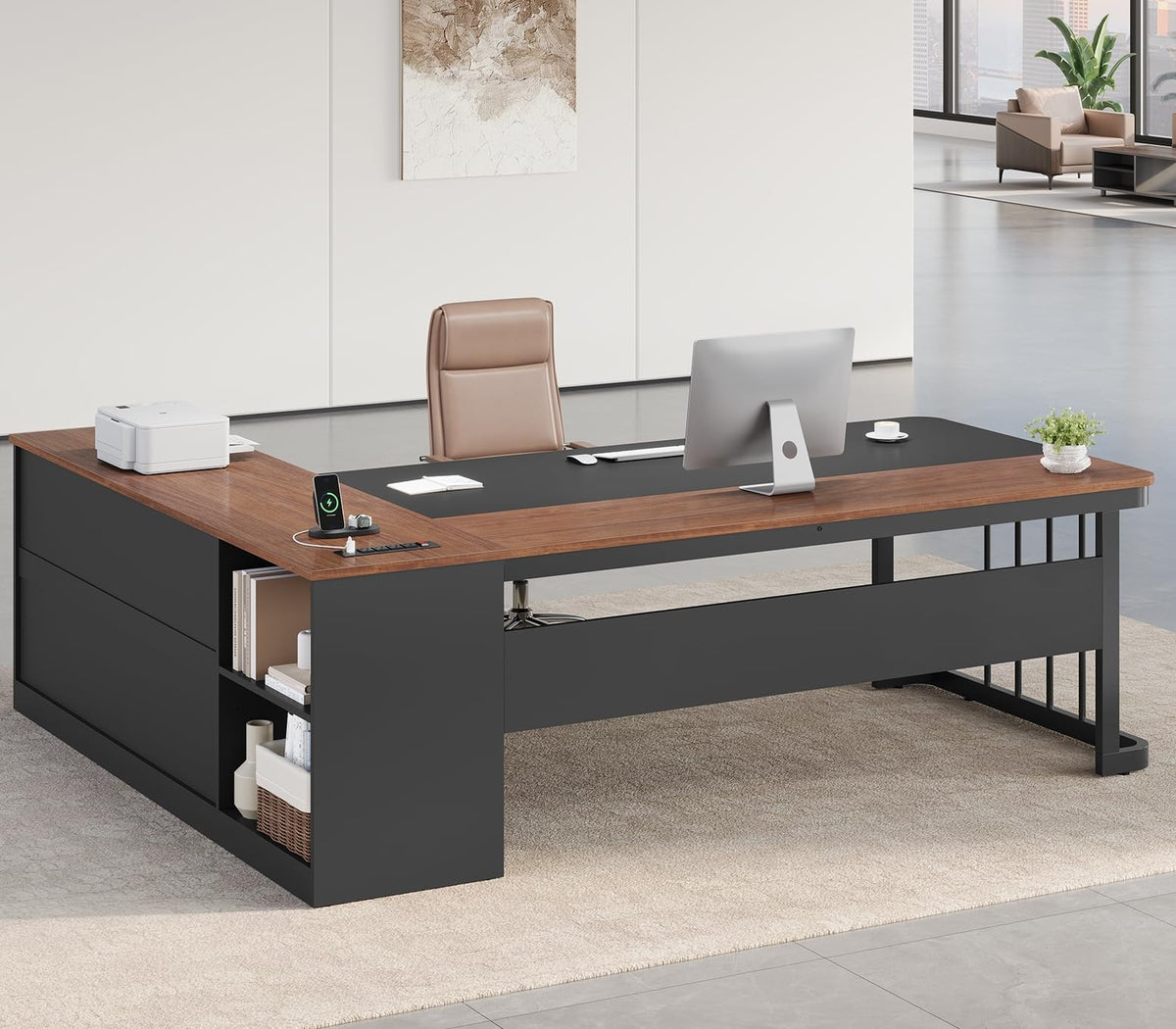 71" L Shaped Computer Desk with Drawers and Power Outlets B67113