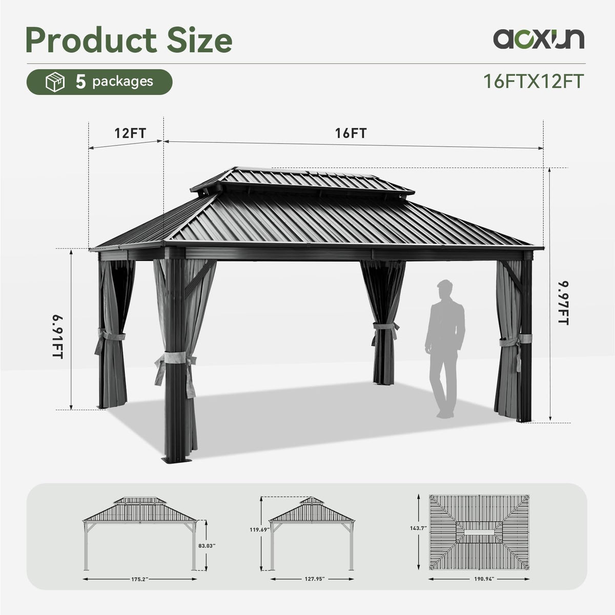 12FT X 16FT Hardtop Gazebo with Mosquito Netting and Curtains X131518