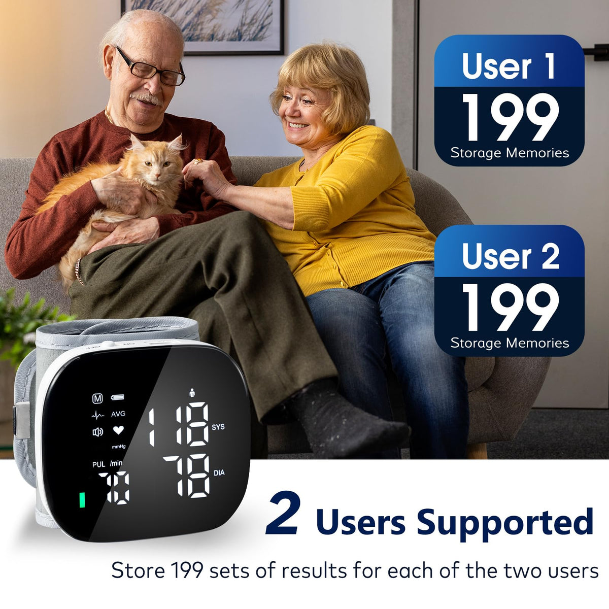 Wrist Blood Pressure Monitor Rechargeable Digital Voice Broadcast LED Backlit 199 Memory Storage for 2 Users with Carrying Case Z168
