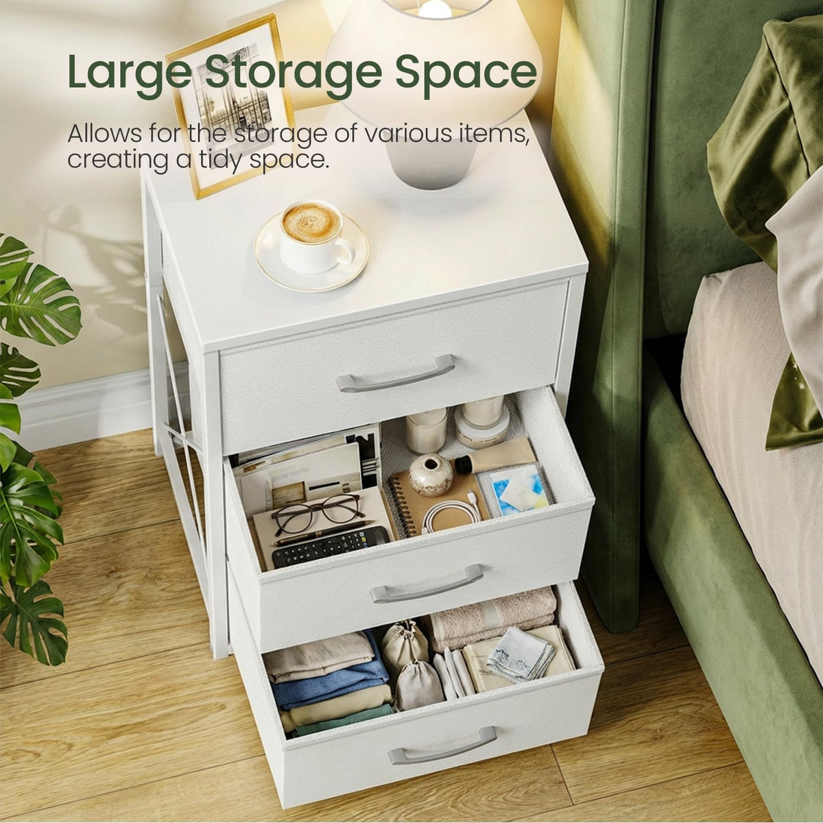 White 3 Drawer Fabric Storage Dresser with Wooden Top O21679