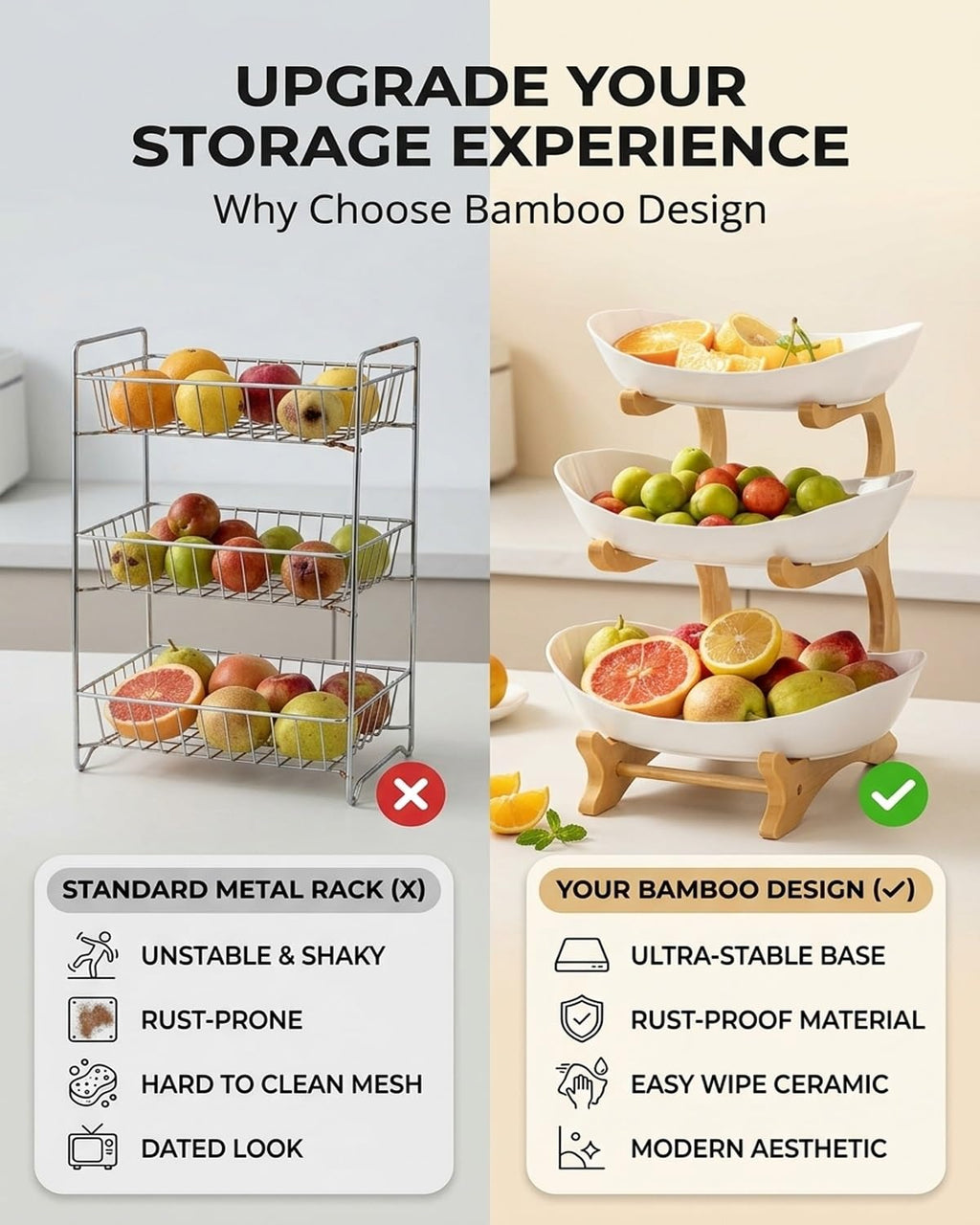 3 Tier Oval Fruit Basket with Bamboo Stand C53347