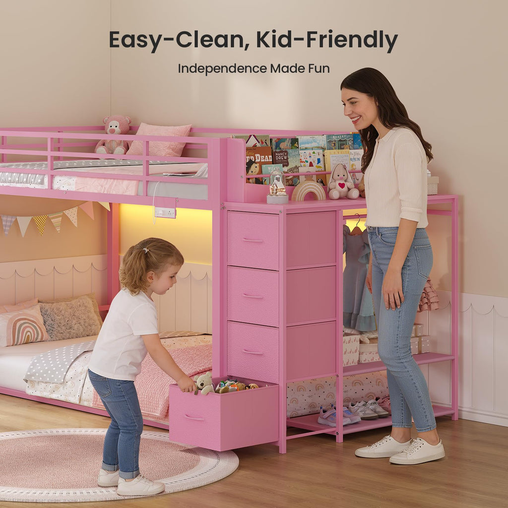 Pink Twin Over Twin Bunk Bed with Bookshelf & Storage Drawer R8645