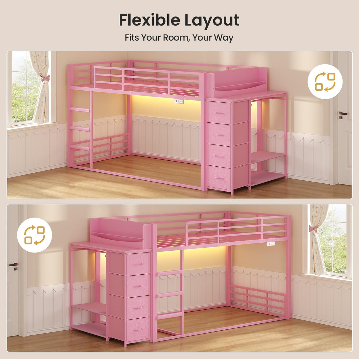 Pink Twin Over Twin Bunk Bed with Bookshelf & Storage Drawer R8645