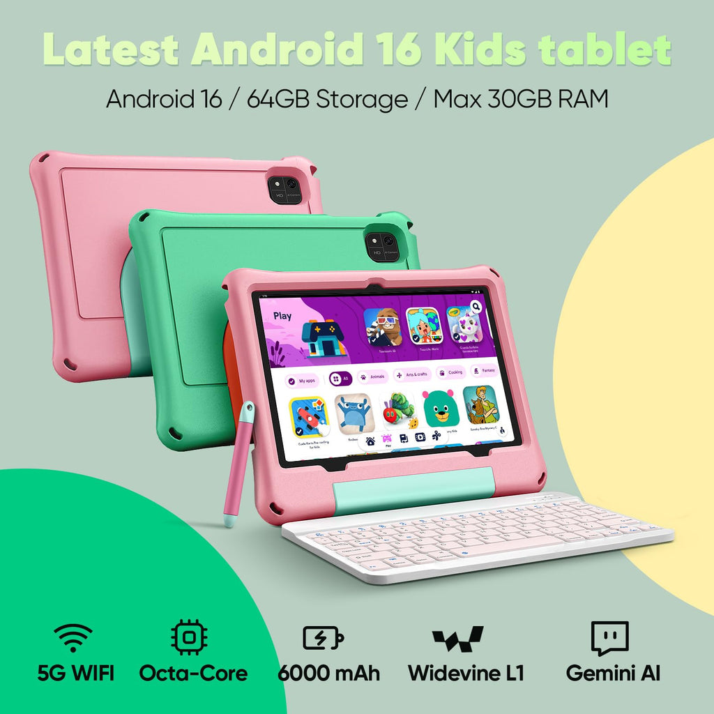 Kids Tablet 10 inch Octa-Core 30GB RAM 64GB ROM with Case Keyboard Mouse Stylus Pink S693
