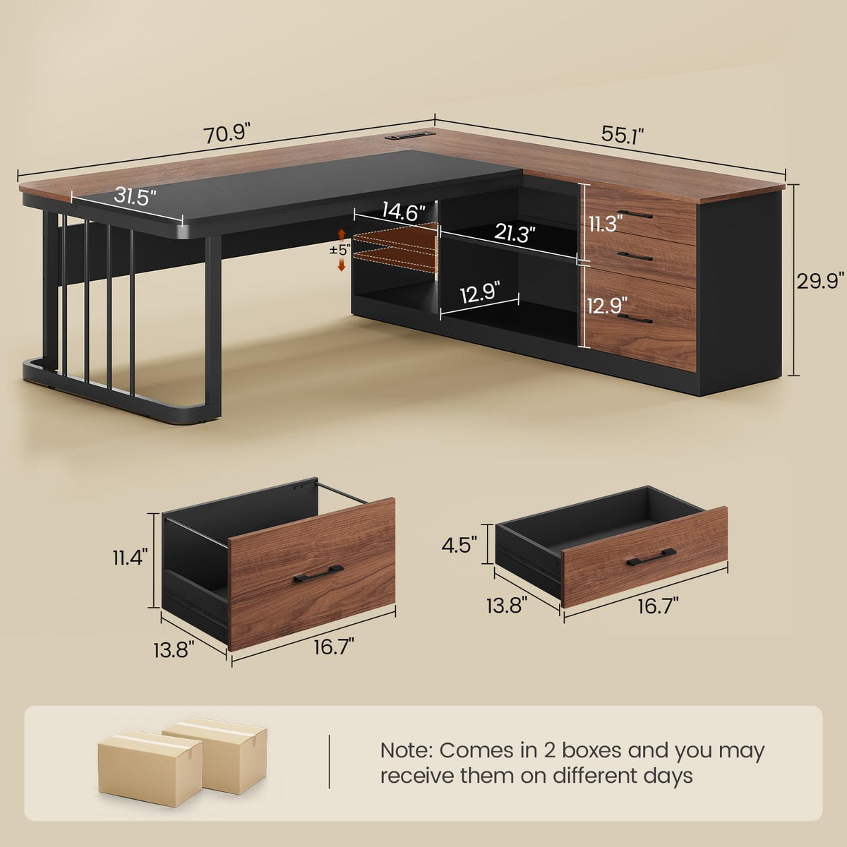 71" L Shaped Computer Desk with Drawers and Power Outlets B67113